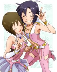  2girls bad_id bad_pixiv_id belt black_hair brown_hair commentary_request dress grin hagiwara_yukiho hotate_(suikaneko) idolmaster idolmaster_(classic) jewelry kikuchi_makoto multiple_girls necklace pink_diamond_765_(idolmaster) short_hair smile v 