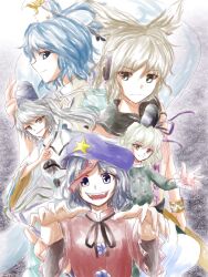  5girls bad_id bad_pixiv_id blue_eyes blue_hair brown_hair dress earmuffs fangs ghost_tail green_dress green_eyes green_hair grey_hair hair_ornament hair_rings hair_stick hat hat_ornament japanese_clothes jiangshi kaku_seiga kariginu long_hair long_sleeves lua_(tsurezure_naru_mama_ni) miyako_yoshika mononobe_no_futo multiple_girls ofuda open_mouth outstretched_arms ponytail short_hair short_sleeves skirt sleeveless smile soga_no_tojiko star_(symbol) star_hat_ornament tate_eboshi touhou toyosatomimi_no_miko traditional_media wide_sleeves zombie_pose 