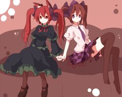  2girls alternate_hairstyle animal_ears bad_id bad_pixiv_id bow brown_hair cat_ears hairbow hat himekaidou_hatate kaenbyou_rin kuromari_(runia) long_hair long_sleeves multiple_girls necktie pantyhose puffy_sleeves purple_eyes red_eyes red_hair short_sleeves sitting smile thighhighs tokin_hat touhou twintails wide_sleeves 