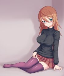  breasts brown_hair commentary_request copyright_request coupe50 female glasses green_eyes large_breasts long_hair ribbed_sweater semi-rimless_eyewear solo sweater thighhighs under-rim_eyewear zettai_ryouiki 