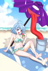  ahoge bare_legs barefoot beach bikini blue_eyes blue_hair bucket commentary_request female food heterochromia karakasa_obake navel open_mouth polka_dot polka_dot_bikini popsicle purple_umbrella red_eyes short_hair smile solo sweat swimsuit tatara_kogasa tongue tongue_out touhou towel umbrella watermelon_bar yuzuna99 