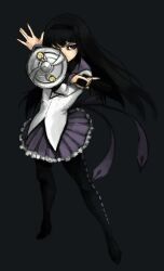  akemi_homura akemi_homura_(magical_girl) argyle_clothes argyle_legwear black_hair commentary_request female fighting_stance food_fighter_441 gun hairband handgun long_hair magical_girl mahou_shoujo_madoka_magica mahou_shoujo_madoka_magica_(anime) miniskirt one_eye_covered pantyhose purple_eyes ribbon shield skirt solo trigger_discipline weapon 