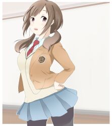  black_pantyhose blazer blush brown_eyes brown_hair commentary_request earphones female hands_on_own_hips jacket long_hair looking_at_viewer okita_sawa open_mouth pantyhose peanuts_(ennuim) school_uniform skirt solo tari_tari twintails 