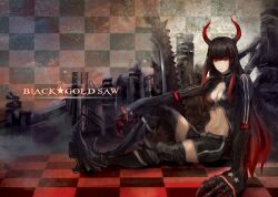  armor black_gold_saw black_rock_shooter black_shorts black_thighhighs boots bsl character_name checkered claws commentary_request female gradient_hair greaves highres horns king_saw multicolored_hair photoshop_(medium) red_eyes shorts solo thighhighs 