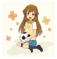  bad_id bad_pixiv_id ball blue_skirt brown_eyes brown_hair female hairband inazuma_eleven_(series) inazuma_eleven_go inazuma_eleven_go_chrono_stone long_hair nanobana_kinako open_mouth orange_hairband pleated_skirt raimon raimon_school_uniform sao_(rakugakioukoku) school_uniform skirt soccer_ball sweater_vest telstar 