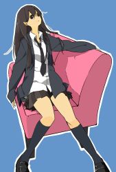  black_eyes black_hair black_socks commentary_request couch dress_shirt female full_body highres kneehighs long_hair looking_at_viewer messy_hair necktie original school_uniform shimano shirt simple_background sitting skirt smile socks solo 