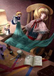  alice_margatroid blanket blonde_hair blue_eyes book closed_eyes commentary_request doll female magic_circle open_book photoshop_(medium) pincushion scissors sewing_pin shanghai_doll short_hair sleeping solo spool thread touhou yana_(nekoarashi) 