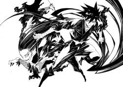  2boys character_request commentary_request fishnets greyscale hand_wraps highres japanese_clothes katana koukoku_no_shugosha long_hair miwa_shirow monochrome multiple_boys ninja photoshop_(medium) ponytail sword weapon 