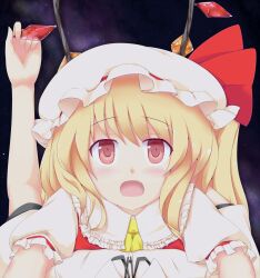  2girls ascot blonde_hair blush commentary_request coo_(coonekocoo) female_pov flandre_scarlet grabbing_another&#039;s_wing hat hat_ribbon highres hug looking_at_viewer multiple_girls night oerba_yun_fang open_mouth pov red_eyes ribbon shameimaru_aya short_sleeves side_ponytail sky touhou wings 