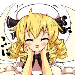  blonde_hair blush bow cheek_squash closed_eyes commentary_request drill_hair fairy_wings female hands hat kururunpa luna_child open_mouth puffy_sleeves solo touhou white_background wings 