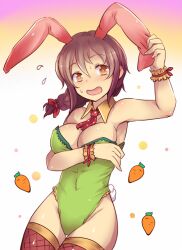  animal_ears blush breasts carrot cleavage commentary_request detached_collar fake_animal_ears female flying_sweatdrops idolmaster idolmaster_cinderella_girls kara_(color) large_breasts open_mouth playboy_bunny rabbit_ears rabbit_tail senkawa_chihiro short_hair solo tail thighhighs wrist_cuffs yellow_eyes 