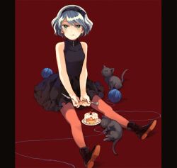  :q bad_id bad_pixiv_id bare_shoulders cake cherry dress feline female food fork fruit green_eyes grey_hair hairband holding holding_fork holding_knife knife looking_at_viewer original pantyhose pillarboxed shiina_aya short_hair sleeveless sleeveless_dress solo string tongue tongue_out 