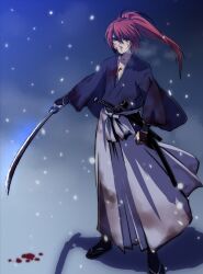  1boy blood commentary_request hakama hakama_skirt highres himura_kenshin japanese_clothes long_hair male_focus photoshop_(medium) ponytail purple_eyes red_hair rurouni_kenshin sandals scar sheath skirt snow snowing solo sword tabi weapon yahako 