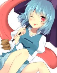  :p ;p bad_id bad_pixiv_id blue_hair blush female karakasa_obake long_sleeves long_tongue one_eye_closed purple_umbrella red_eyes short_hair skirt smile solo tatara_kogasa tongue tongue_out touhou transparent_background umbrella yarawi 