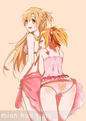  2girls animal_print ass asuna_(sao) back-print_panties bear_panties bear_print bra brown_eyes brown_hair camisole closed_eyes commentary_request hair_ribbon long_hair multiple_girls panties photoshop_(medium) pink_panties pink_sarong print_panties ribbon sarong short_twintails silica sword_art_online twintails underwear w.amy white_bra 