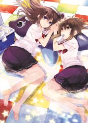  2girls barefoot blue_eyes brown_hair checkered_floor commentary_request food inflatable_dolphin inflatable_toy long_hair looking_at_viewer lying mouth_hold multiple_girls on_side orange_eyes original popsicle school_uniform shirt skirt star_(symbol) wemu_(ivycrown) white_shirt 