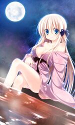  bad_id bad_pixiv_id bare_shoulders blonde_hair blue_eyes blush breasts crossed_legs female full_moon highres inose_riku japanese_clothes kimono long_hair medium_breasts moon off_shoulder original panties pantyshot pink_kimono pink_panties sitting smile soaking_feet solo sparkle underwear water 