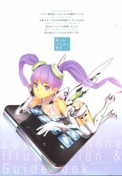  absurdres apple_inc. bodysuit cellphone female gloves high_heels highres holding holding_phone iphone long_hair nagi_ryou original phone photoshop_(medium) product_placement purple_eyes purple_hair shoes smartphone smile solo twintails wings 