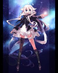  ahoge asymmetrical_legwear bad_id bad_pixiv_id blue_eyes boots bridal_garter constellation cross-laced_footwear female full_body grey_hair highres ia_(vocaloid) knee_boots lace-up_boots long_hair nebula night night_sky outstretched_arm pillarboxed sagittarius_(constellation) sky solo space star_(sky) starry_sky thighhighs toujou_chika uneven_legwear very_long_hair vocaloid 