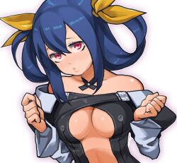  bare_shoulders blue_hair bow breasts commentary_request detached_sleeves dizzy_(guilty_gear) female guilty_gear hairbow kuroshin large_breasts red_eyes solo underboob white_background 