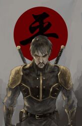  1boy absurdres armor avatar_legends belt black_eyes black_hair chinese_commentary commentary_request facial_hair gloves highres jpeg_artifacts lakey lieutenant_(avatar) male_focus moustache one_eye_covered over_shoulder pauldrons photoshop_(medium) pouch serious shoulder_armor shoulder_pads solo the_legend_of_korra uniform weapon weapon_over_shoulder 