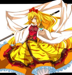  alternate_hair_length alternate_hairstyle bishamonten&#039;s_pagoda blonde_hair commentary_request female hair_ornament highres kururunpa long_hair long_sleeves orange_eyes shawl slit_pupils solo toramaru_shou touhou very_long_hair weapon white_background wide_sleeves 