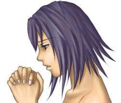  female no_background pixiv praying purple_hair short_hair solo uma-kotsu uma-kotsu_(artist) 