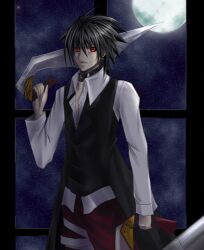  bandage black_hair bondage_collar lowres male male_focus monochrome_factor moon night open_clothes open_shirt red_eyes shinrin_kusaba shirt short_hair solo star sword weapon 