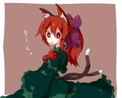  alternate_hairstyle animal_ears bad_id bad_pixiv_id bow cat_ears cat_tail female hairbow kaenbyou_rin kuromari_(runia) long_hair long_sleeves multiple_tails open_mouth ponytail puffy_sleeves red_eyes red_hair solo tail touhou 