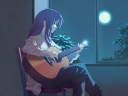  acoustic_guitar brown_hair chair female full_moon getsuyoutei_nite green_eyes guitar instrument legs_crossed looking_back moon night purple_hair sitting sitting_by_window sitting_on_chair solo tree unbuttoned_sleeve window 