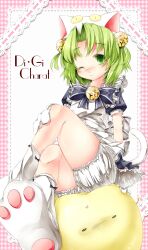  animal_ears animal_hands bell cat_ears commentary_request crossed_legs dejiko di_gi_charat dress female gema green_eyes green_hair hat one_eye_closed short_hair sitting solo sugiyuu 