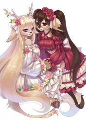  2012 alternative_fashion anthro blonde_hair brown_eyes classic_lolita clothing country_lolita deer digital_media_(artwork) digital_painting_(artwork) dress duo female flower hair hi_res j-fashion jewelry kemono kiirei_(character) lolita_(fashion) long_hair looking_at_viewer mammal pink_eyes plant red_eyes ribbons simple_background sitting suan-cat tail tail_tuft tuft unknown_species white_background young young_anthro 