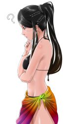  bare_shoulders bikini black_bikini black_hair braid breasts commentary_request earrings female gradient_sarong head_rest highres hoop_earrings jewelry large_breasts long_hair midriff moku. nail_polish ponytail sarong solo swimsuit tekken underboob zafina_(tekken) 