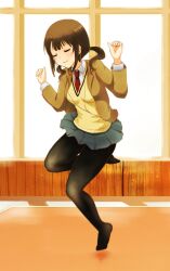  akihisa201 bad_id bad_pixiv_id black_pantyhose blazer brown_hair closed_eyes dancing female headphones jacket necktie okita_sawa pantyhose pleated_skirt school_uniform skirt solo sweater tari_tari twintails 