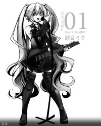  absurdres armlet bad_deviantart_id bad_id bare_shoulders boots braid chain_necklace chains collar detached_sleeves electric_guitar female greyscale guitar hagane_miku hagane_vocaloid hair_ornament hatsune_miku highres ibanez instrument jewelry long_hair microphone microphone_stand monochrome nail_polish necklace shoji-ikari skirt skull_hair_ornament solo spiked_collar spikes thigh_boots thigh_strap thighhighs tongue tongue_out twin_braids very_long_hair vocaloid zettai_ryouiki 