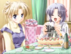  2girls alcohol blonde_hair blue_eyes blush bow cake camcorder candle canvas chair champagne cocktail_soft curtains dish f&amp;c flower food fork game_cg gayarou gift hairbow indoors lavender_hair multiple_girls napkin open_mouth present ribbon saginomiya_ai sakurazuka_ren salad smile table tablecloth turtleneck wine_glass wineglass 