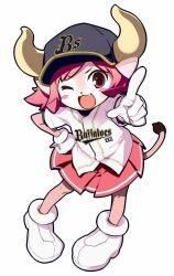  baseball_cap baseball_jersey blush buffalo_bell female furry gloves hat highres horns mascot nippon_professional_baseball open_mouth orix_buffaloes pink_hair red_eyes short_hair skirt smile solo tail wink 