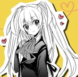  ashida_yuri commentary_request female heart little_busters! long_hair monochrome school_uniform solo spot_color tokido_saya twintails 