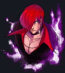  1boy choker commentary_request fire food_fighter_441 hair_over_one_eye male_focus pectoral_cleavage pectorals purple_fire red_eyes red_hair solo the_king_of_fighters upper_body yagami_iori 