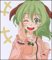  animal_ears bad_id bad_pixiv_id ballpoint_pen_(medium) blush border female green_eyes green_hair kasodani_kyouko long_sleeves looking_at_viewer marker_(medium) one_eye_closed open_mouth shikishi solo touhou traditional_media tsukishiro_saika upper_body white_background 