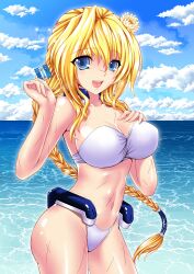  absurdres bad_id bad_pixiv_id bikini blonde_hair blue_eyes braid condom female flower hair_flower hair_ornament highres kyoukaisenjou_no_horizon long_hair mary_stuart mizutsuki_rei outdoors photoshop_(medium) scar swimsuit 