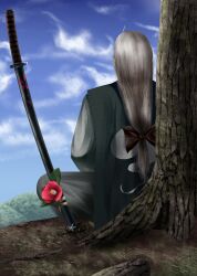  1boy commentary_request day flower from_behind grey_hair katana konpaku_youki log long_hair male_focus photoshop_(medium) scabbard sheath sitting sky solo sword touhou tree weapon yana_(nekoarashi) 