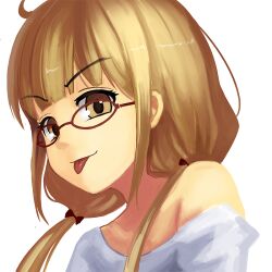  :p bespectacled brown_eyes brown_hair commentary_request female futaba_anzu glasses idolmaster idolmaster_cinderella_girls long_hair looking_at_viewer majicjiang off_shoulder one_eye_closed portrait red-framed_eyewear smile solo tongue tongue_out twintails 