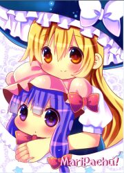  2girls artistic_error bad_id bad_pixiv_id blonde_hair blush chibi chocolat_(momoiro_piano) hair_ribbon hat hat_ribbon head_rest kirisame_marisa long_hair multiple_girls patchouli_knowledge puffy_sleeves purple_eyes purple_hair ribbon short_sleeves smile touhou yellow_eyes 