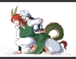  2girls aged_down braid commentary_request dragon_girl dragon_horns dragon_tail grey_hair hong_meiling horns izayoi_sakuya kemonomimi_mode letterboxed maid maid_headdress monster_girl multiple_girls neko_majin red_hair short_hair tail touhou 