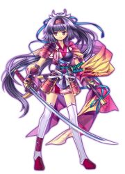  armor capura_lin commentary_request female japanese_armor long_hair minamoto_no_yoshitsune_(yujie_shenji) photoshop_(medium) purple_eyes purple_hair solo sword thighhighs weapon yujie_shenji 