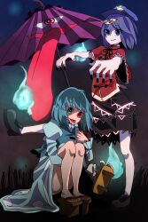  2girls :p blue_eyes blue_hair commentary_request graveyard hat hat_ornament heterochromia highres hitodama jiangshi karakasa_obake miyako_yoshika multiple_girls ofuda ogakko_(oga_rhythm) outstretched_arms purple_umbrella red_eyes short_hair short_sleeves skirt smile squatting star_(symbol) star_hat_ornament tatara_kogasa tongue tongue_out touhou umbrella zombie_pose 