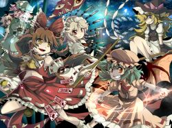  6+girls alternate_eye_color ascot bad_id bad_pixiv_id bare_shoulders blonde_hair braid broom broom_riding brown_hair detached_sleeves fingernails fumiko_(miruyuana) gap_(touhou) gohei grey_hair grin hakurei_reimu hat izayoi_sakuya japanese_clothes kirisame_marisa konpaku_youmu long_fingernails long_hair maid_headdress midriff multiple_girls nail_polish ofuda pink_hair pointy_ears red_eyes remilia_scarlet saigyouji_yuyuko short_hair smile spear_the_gungnir touhou twin_braids witch_hat yin_yang 