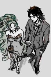  1boy bare_shoulders breasts cleavage closed_eyes dress female flower formal gaias gaius_(tales) grey_background long_hair monochrome muse_(tales_of_xillia) muzet_(tales) pants ponytail rose shoes short_hair suit tales_of_(series) tales_of_xillia very_long_hair 