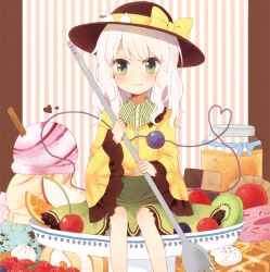  blush checkerboard_cookie cherry commentary_request cookie doughnut female food fruit green_eyes hat heart honey ice_cream kiwi_(fruit) komeiji_koishi long_hair long_sleeves mozukuzu_(manukedori) orange_(fruit) orange_slice ribbon sitting skirt smile solo spork strawberry third_eye touhou waffle white_hair wide_sleeves 